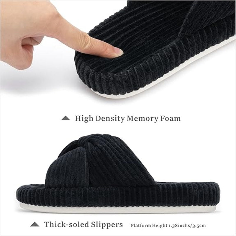 Chantomoo Womens Size 12 Black Corduroy Slippers Open Round Toe House Shoes