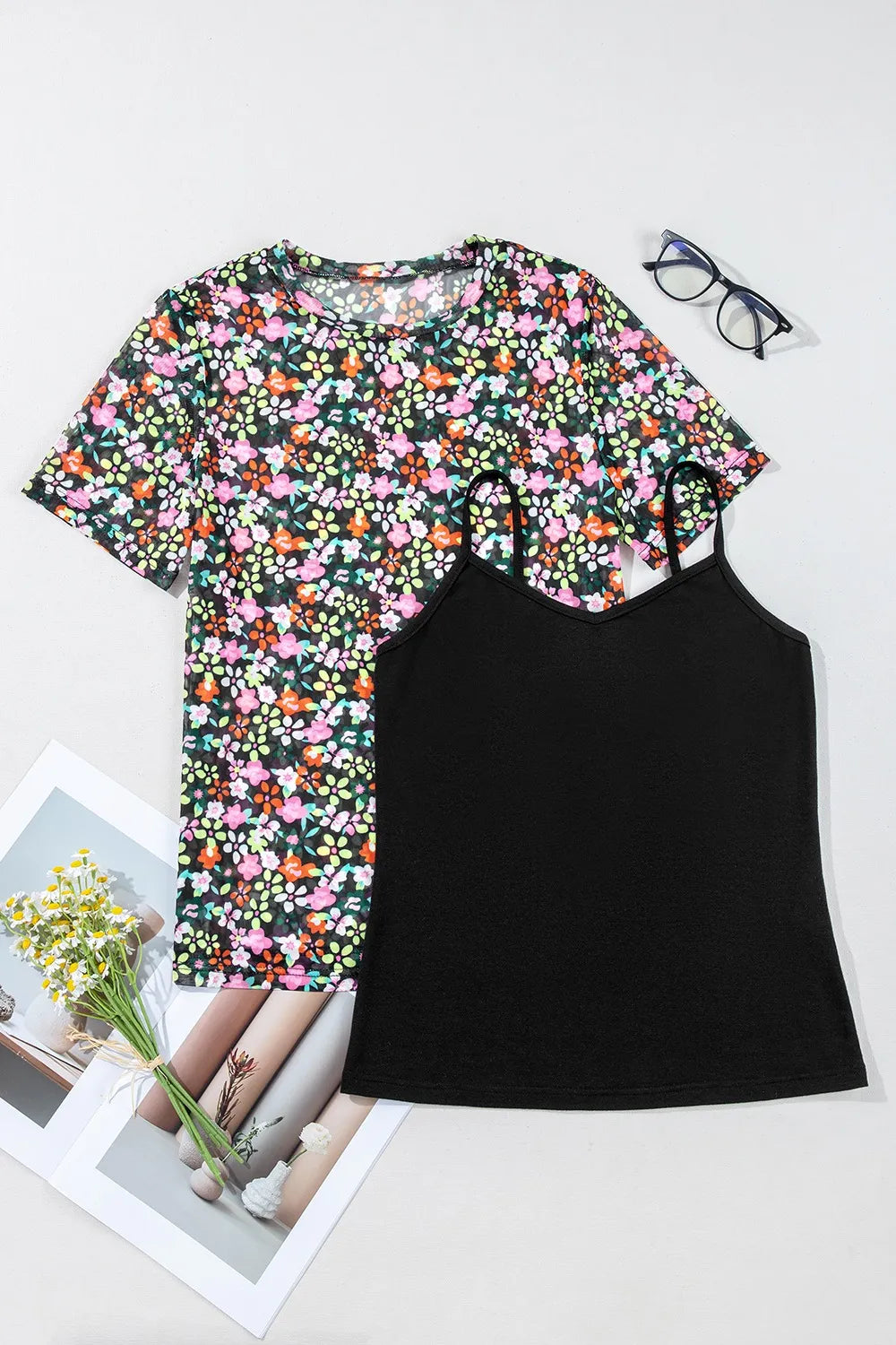 Cami and Sheer Floral Mesh Round Neck Top Set