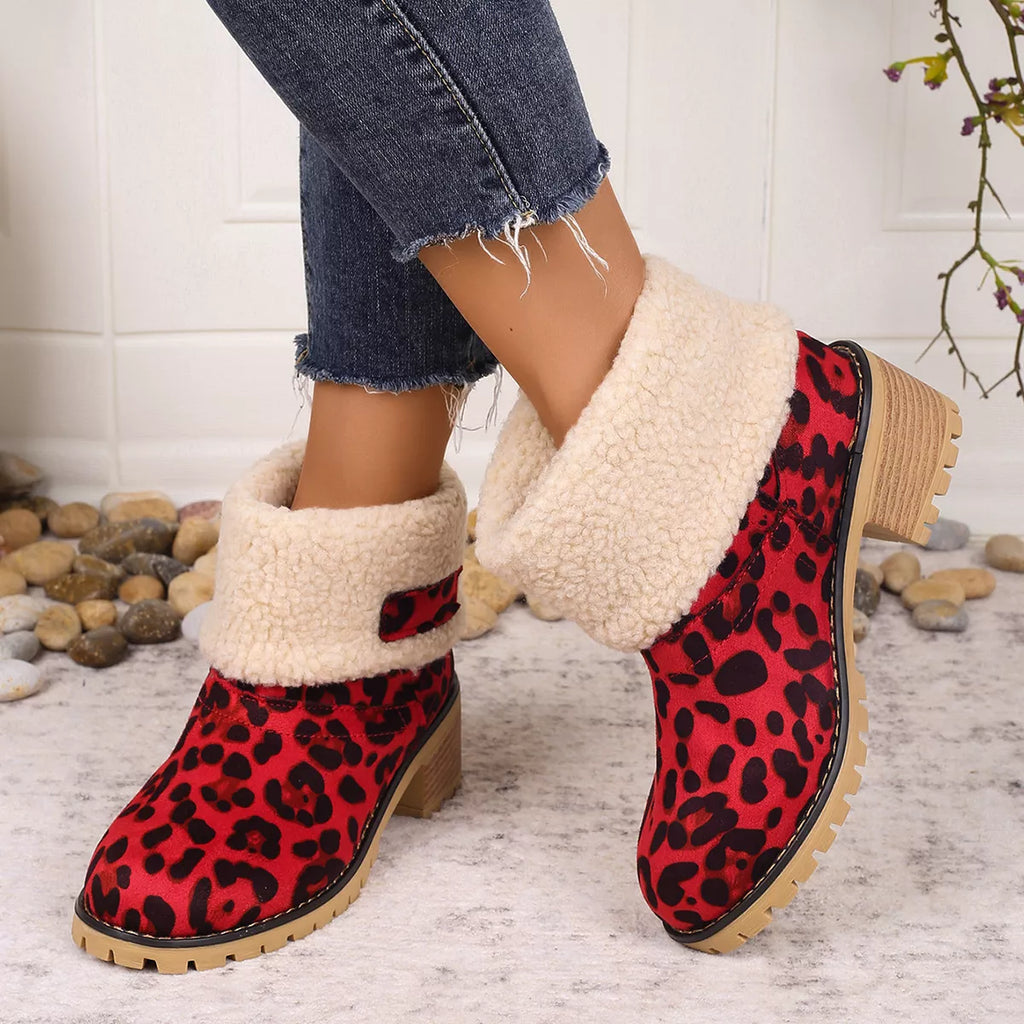 Women's Leopard Print Plush Lined Boots | Mid Heel Slip-On Suede Boots with Warm Faux Fur Lining