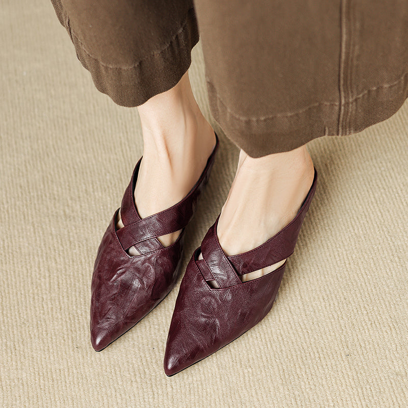 Women's Lambskin Pointed Toe Mules | Crisscross Low Heel Leather Slides