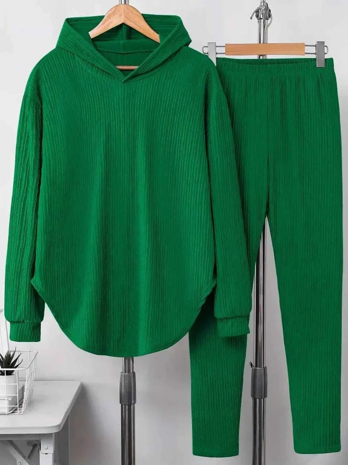 Textured Long Sleeve Hoodie and Pants Set