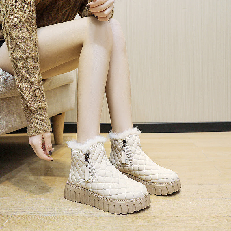 Women's Plaid Platform Ankle Boots | Side Zipper Plush Lined Snow Boots