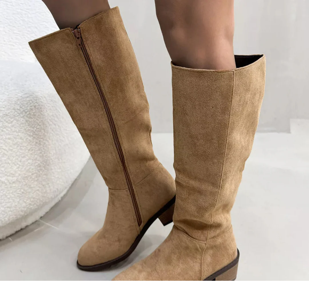 Women's Suede Knee-High Boots | Side Zipper Mid-Heel | Knee High Boots for Women