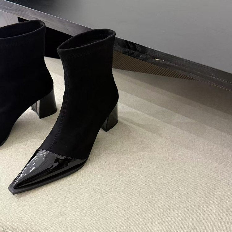 Women's Chunky Heel Pointed Toe Slip-On Boots | Microfiber Leather | Low Heel Ankle Boots