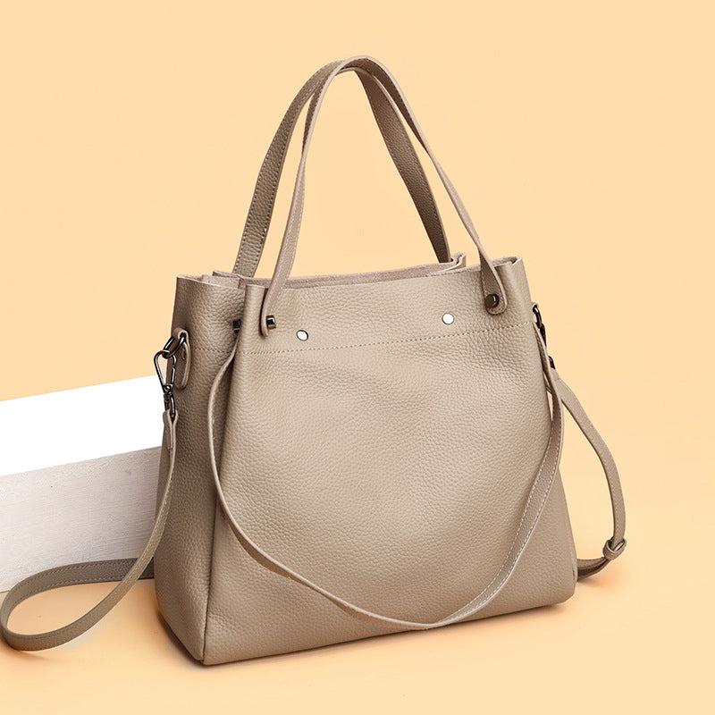 Women's Genuine Leather Bucket Tote Bag – Large Capacity | Black, Gray, Caramel