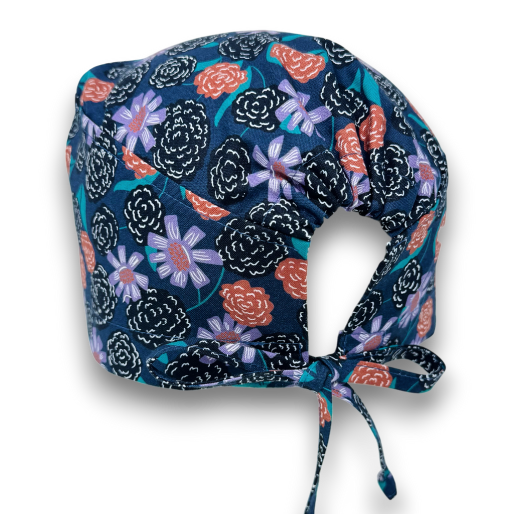 Flower Skull tie-back style surgical scrub cap by Paradise Caps.