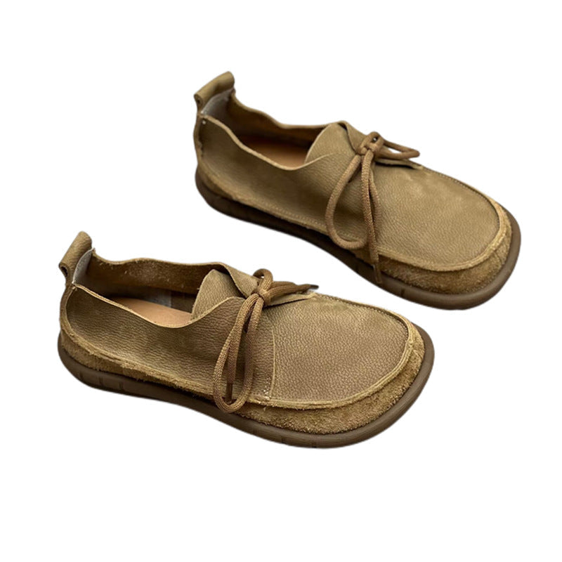 Women's Retro Leather Lace-Up Flats - Genuine Cowhide Casual Shoes