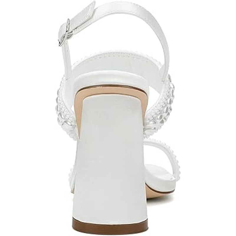 Palscou Womens Size 8.5 White Pearl 3.5" Chunky Heel Open Square Toe Shoes