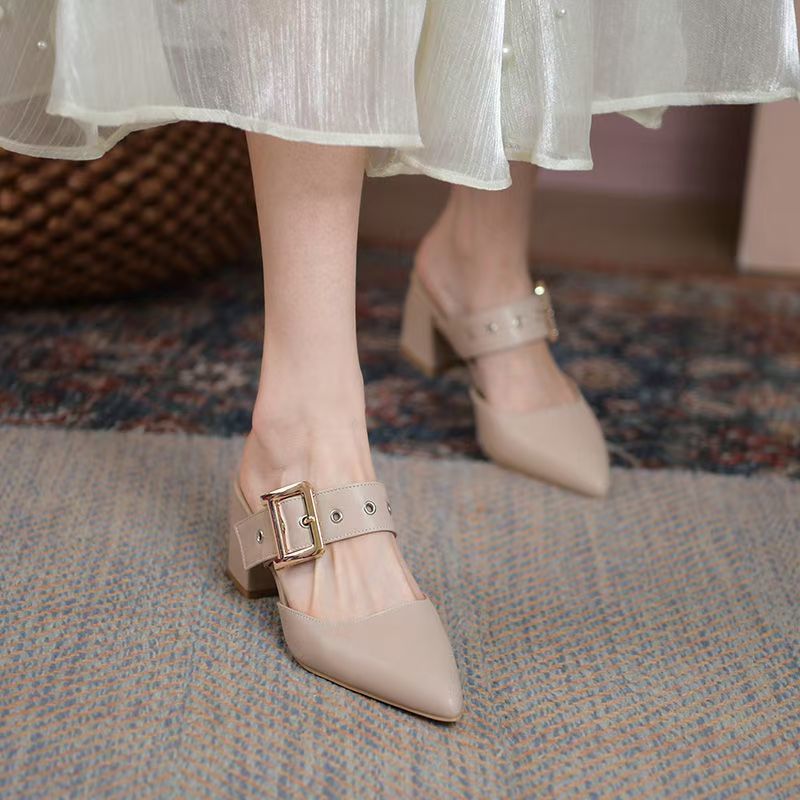 Women's Korean-Style Pointed Toe Chunky Heel Slippers | Microfiber Leather Slip-On Shoes