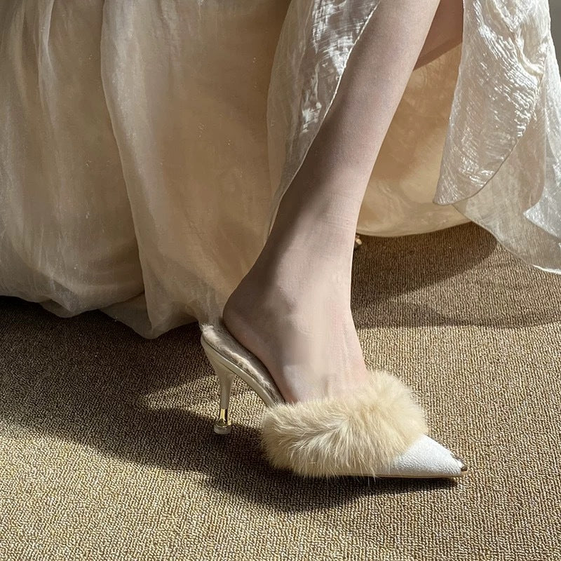 Women's Furry High Heel Slide Sandals - Pointed Toe Elegant Heeled Mules