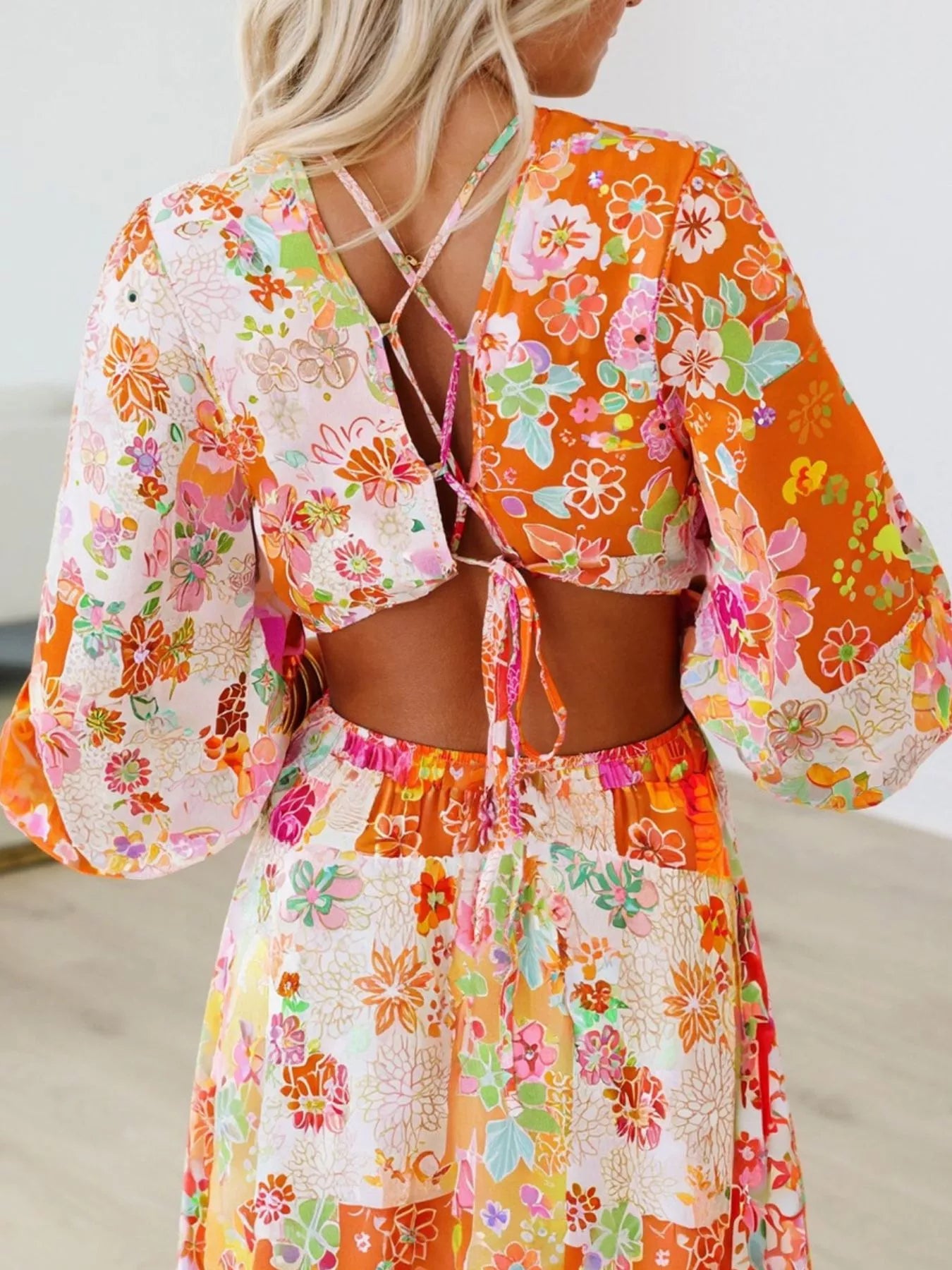 Vibrant Floral Long Sleeve Dress with Lace-Up Back