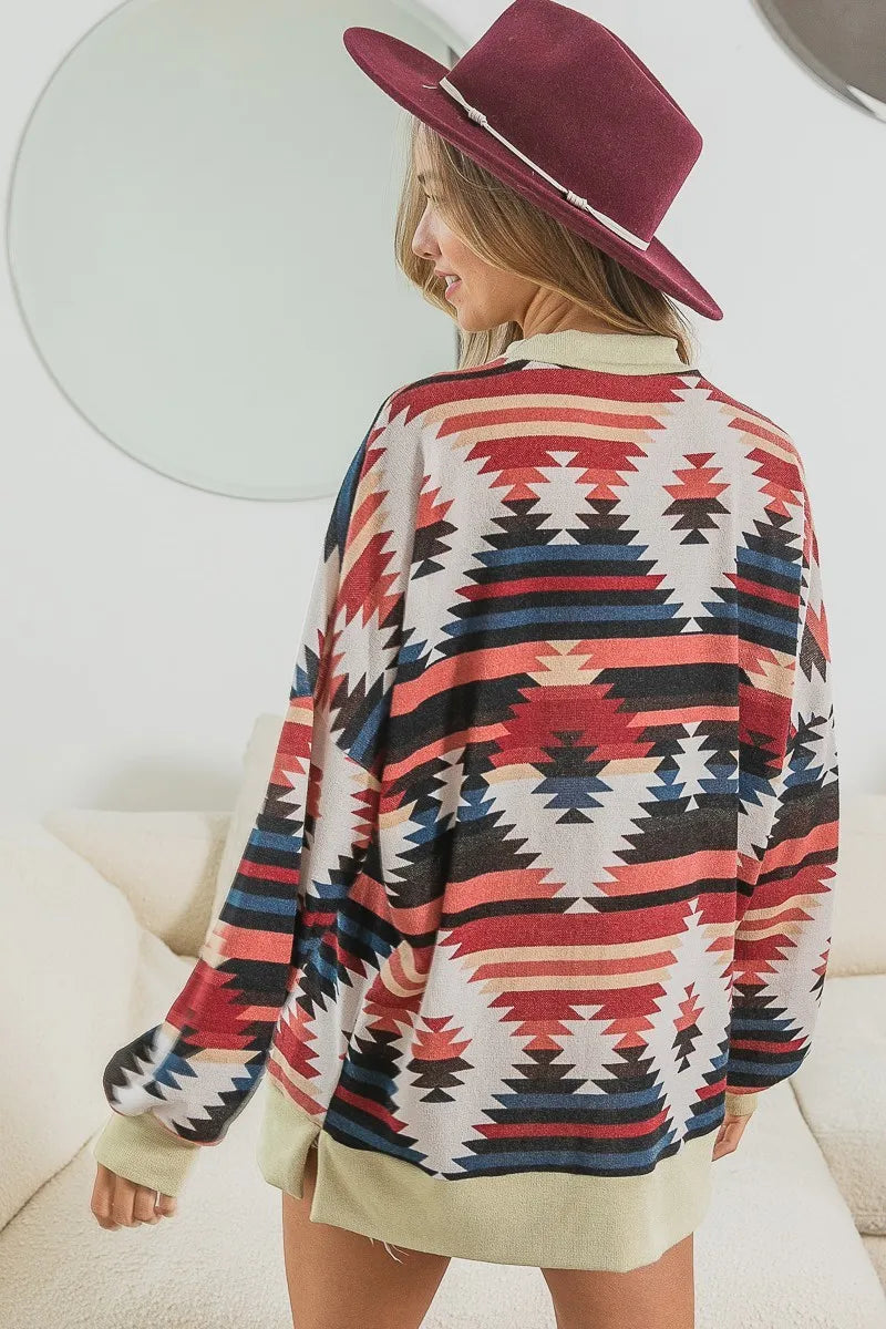 BiBi Aztec Print Mirr Mock Neck Lslv Top