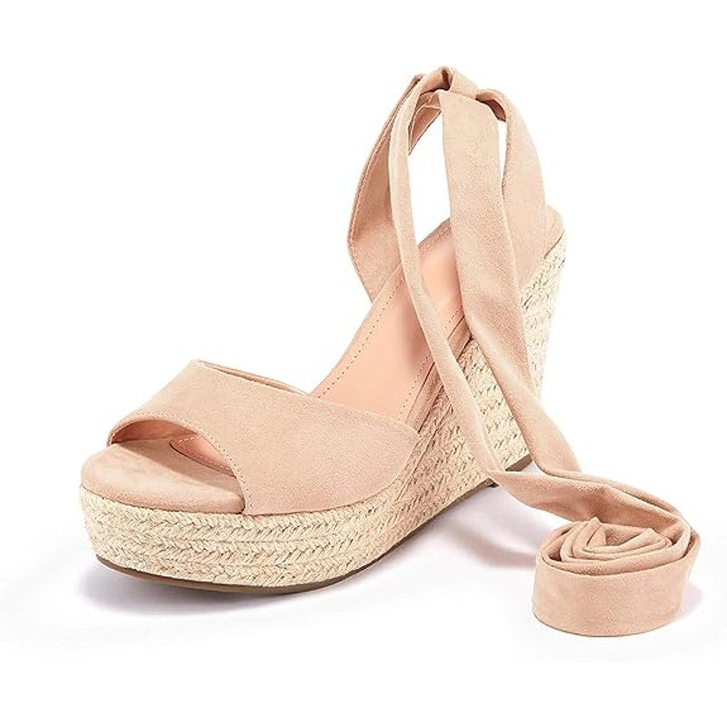 Fashare Womens Size 8 Beige 4" Wedge Heel Open Toe Ankle Tie Lace Up Shoes