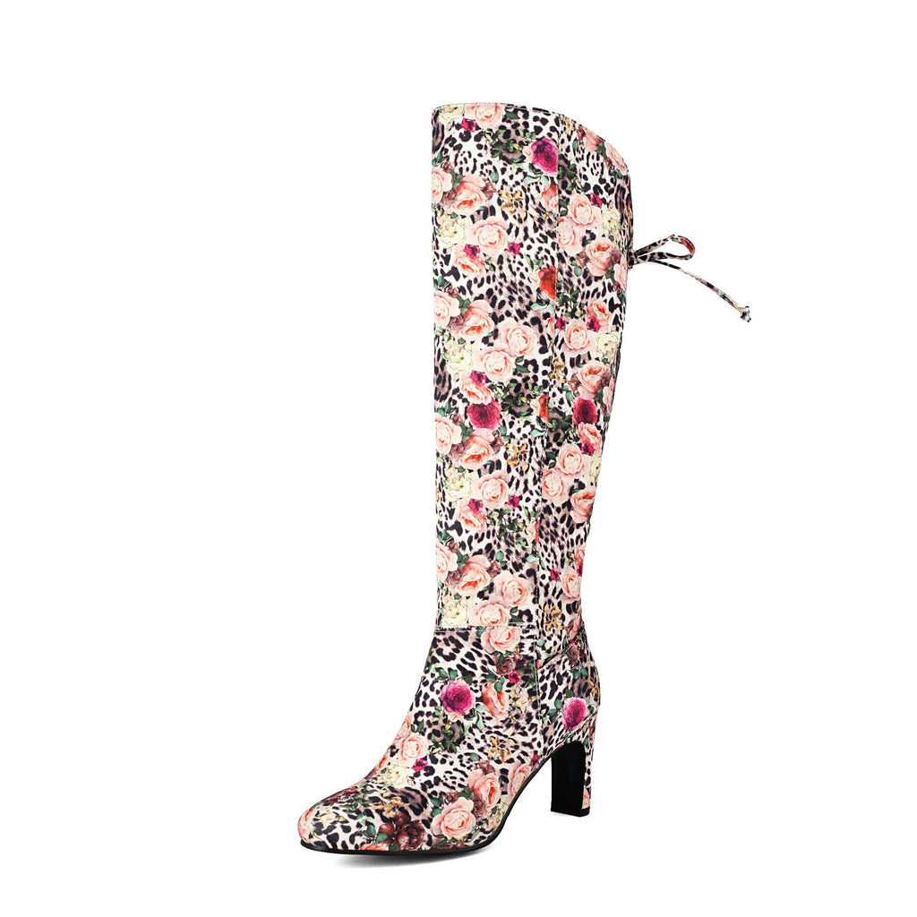 Floral Patchwork Bowknot Over-the-Knee Boots
