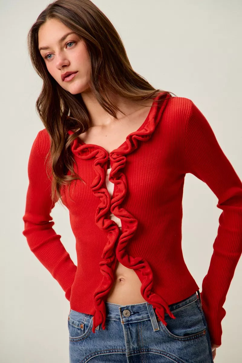 SO ME Cascade Ruffle Ribbed Sweater Cardgian