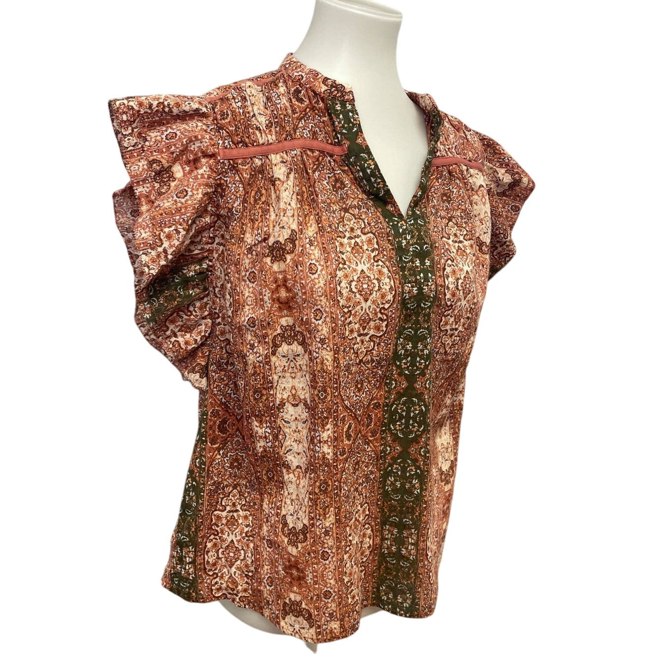 Good Hart Womens Medium Ruffled Cap Sleeve Boho Cotton Metallic V-Neck Blouse