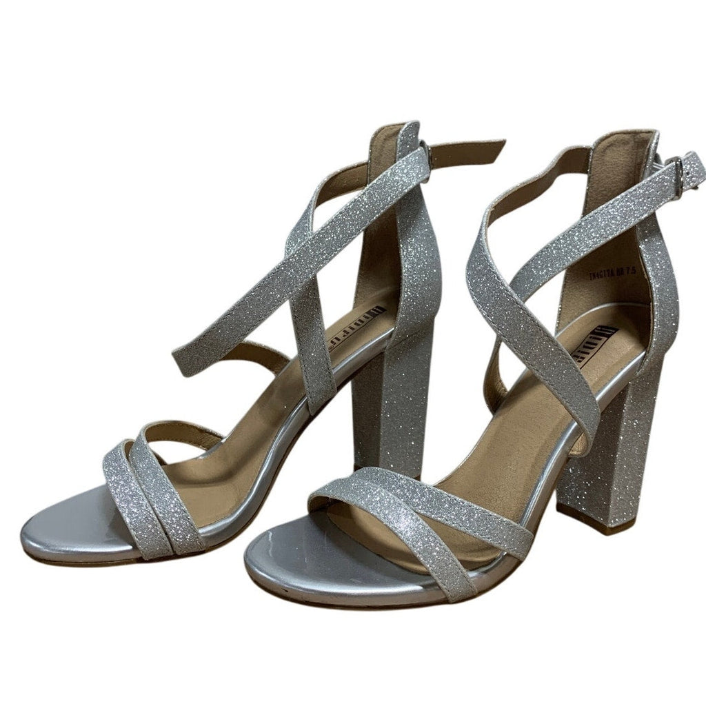 Idifu Womens Size 7.5 Silver Glitter 4" Heels Open Round Toe Ankle Strap Shoes