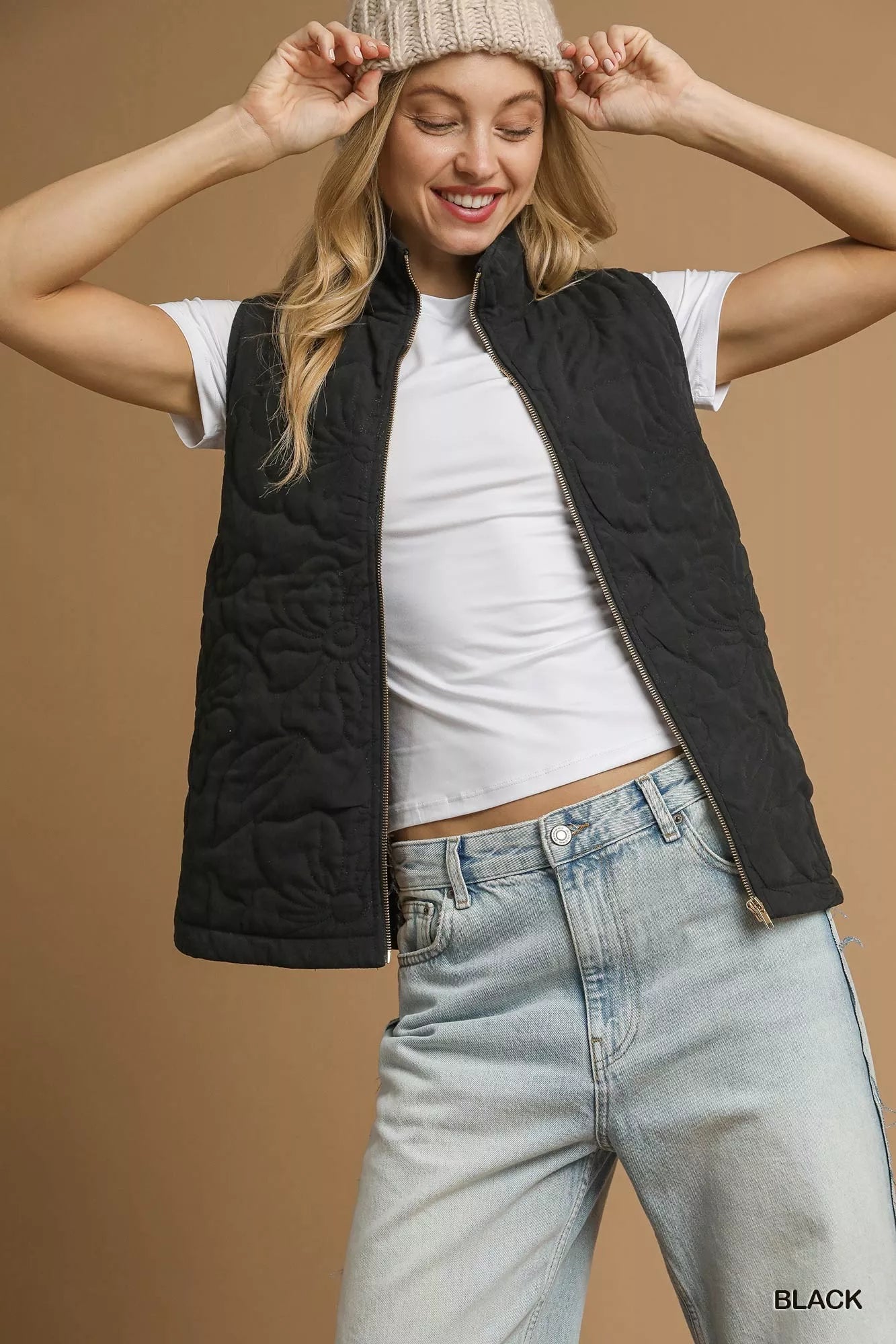 Umgee Quilted Floral Zip Up Vest with Pockets