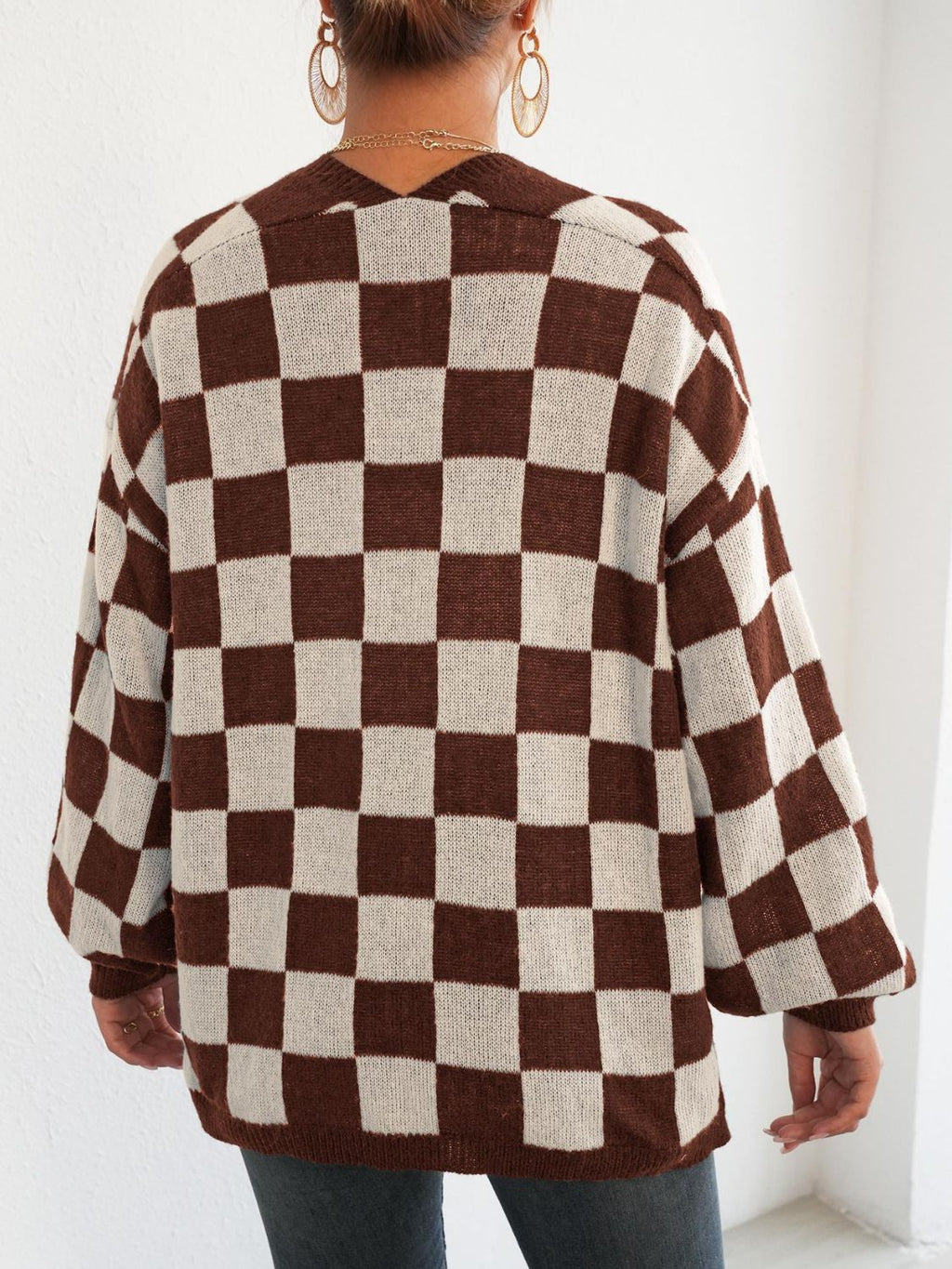 Black and White Checkered Cardigan - Checkered Open Front Long Sleeve Cardigan