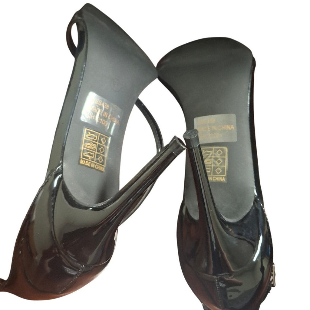 Genshuo Womens Size 9.5 Black 3.5" Heels Open Square Toe Ankle Strap Pumps Shoes