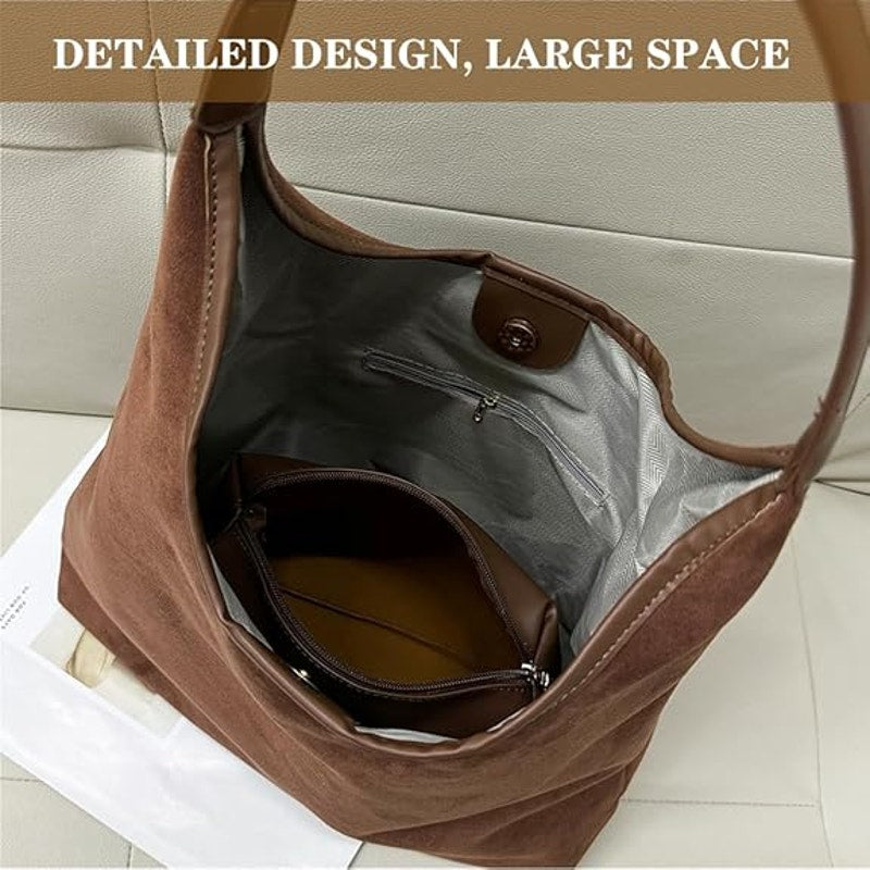 Womens Beige Suede Magnetic Closure Hand Bag w Small Brown Faux Leather Bag