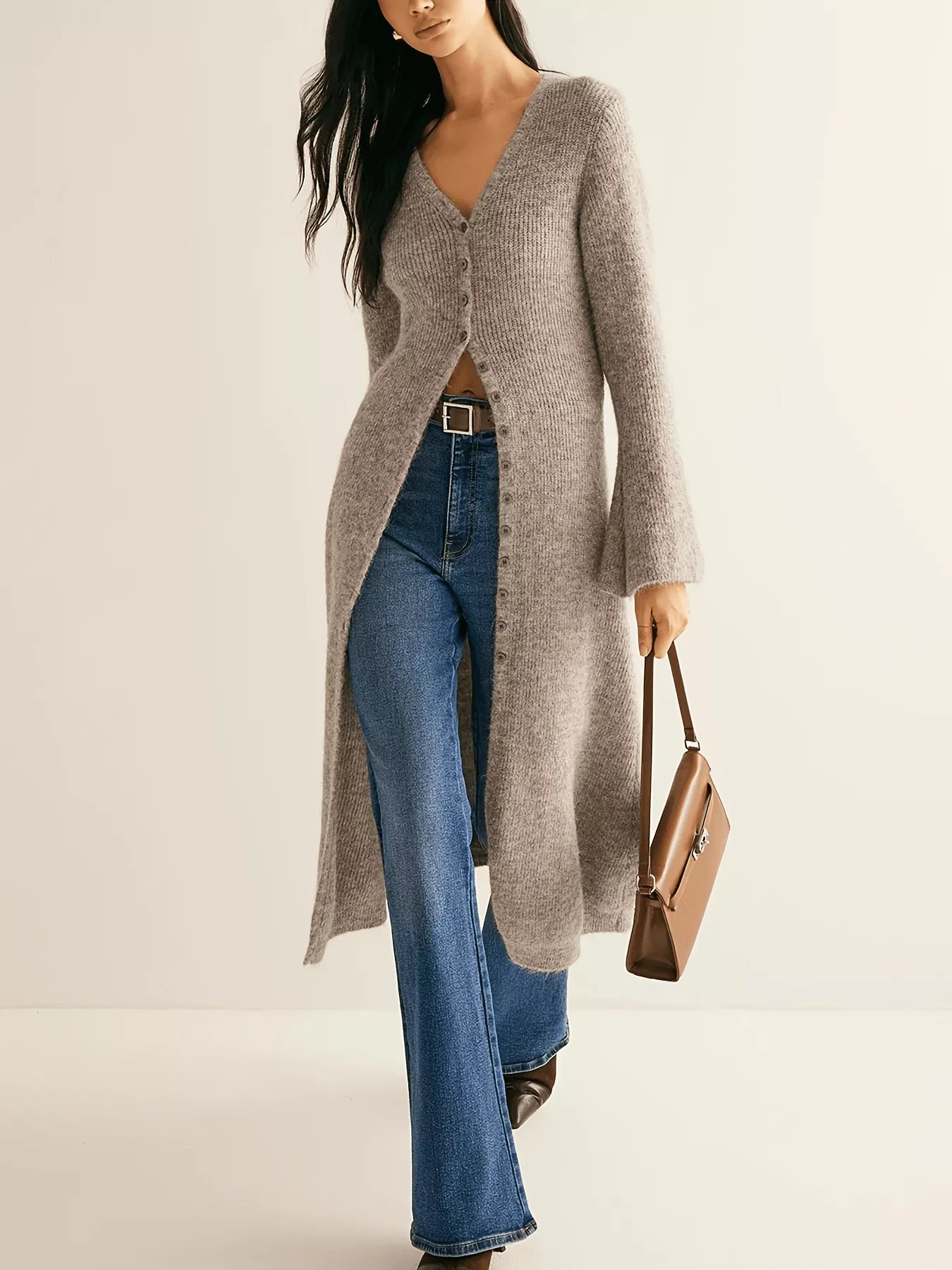 Longline Button-Down Bell Sleeve Cardigan