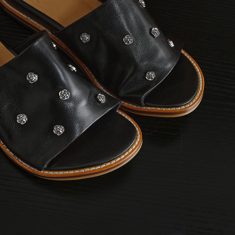 Women's Studded Leather Slide Sandals | Open Toe Flat Mules
