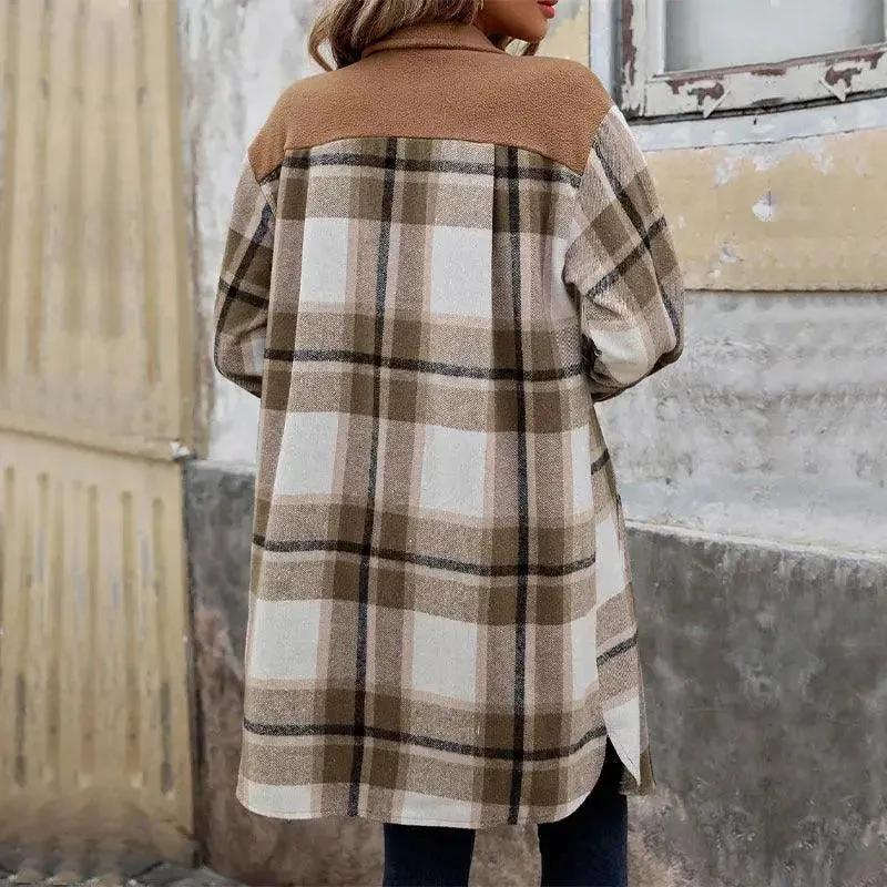 Brushed Plaid Long Coat with Pockets - Women's Winter Jacket