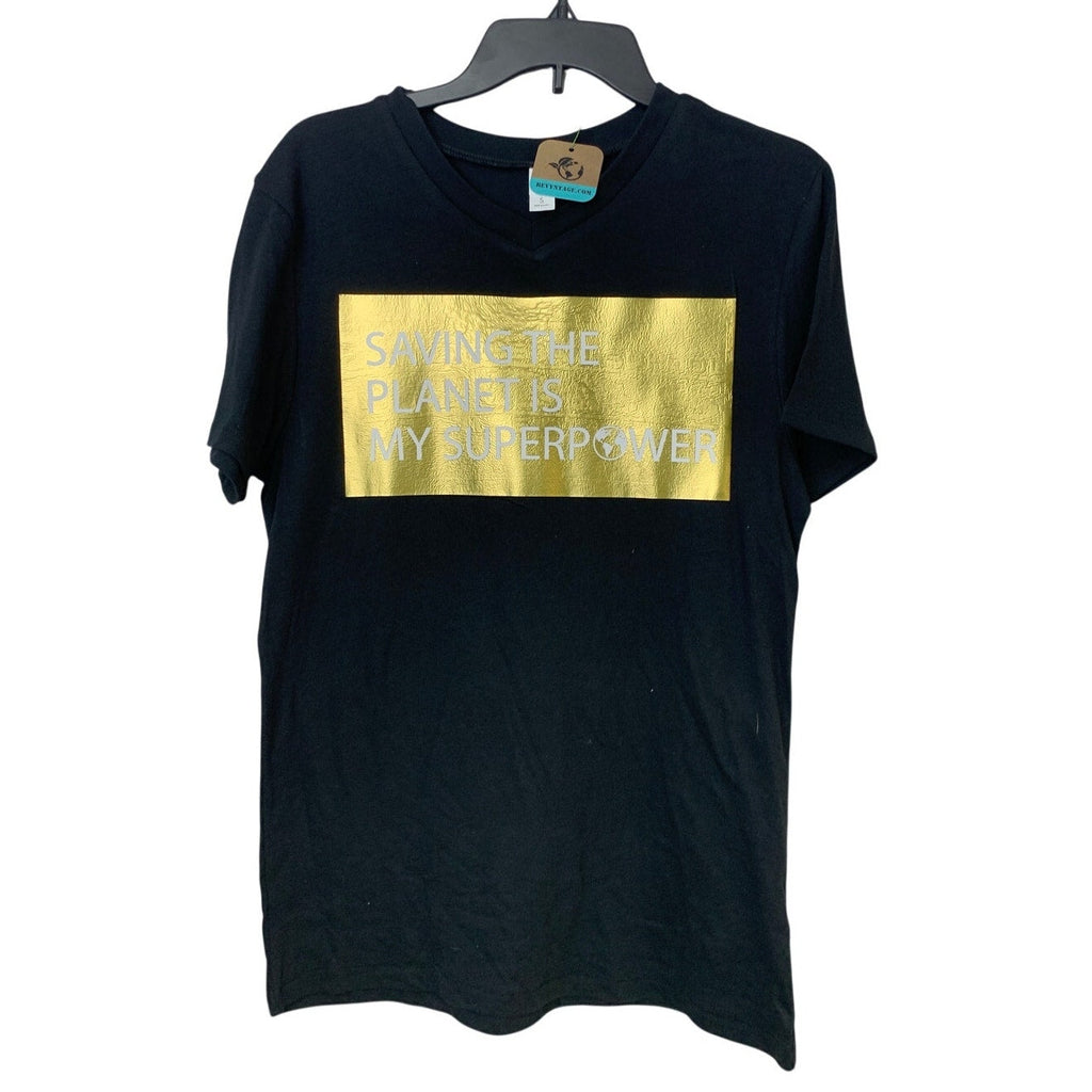 New Upcycled Hand Printed Womens Small Saving the Planet Superpower Tee Shirt