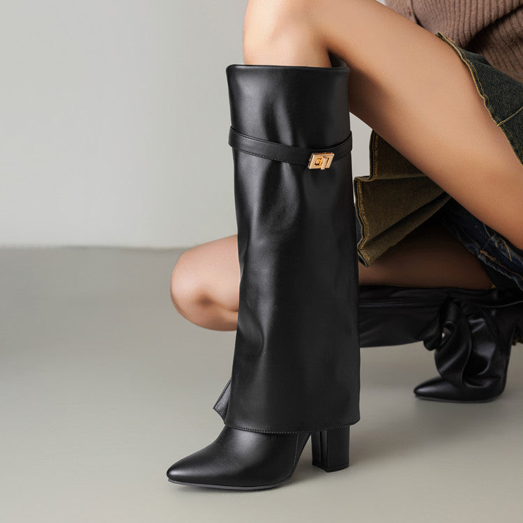 Women's Pointed-Toe High-Shaft Mid-Calf Boots with Metal Buckles | Chunky Heel Side Zipper