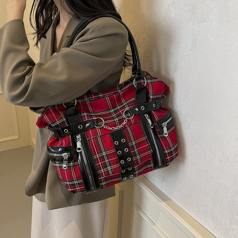 Women's Plaid Crossbody Bag with Rivet Details - Casual Shoulder Handbag