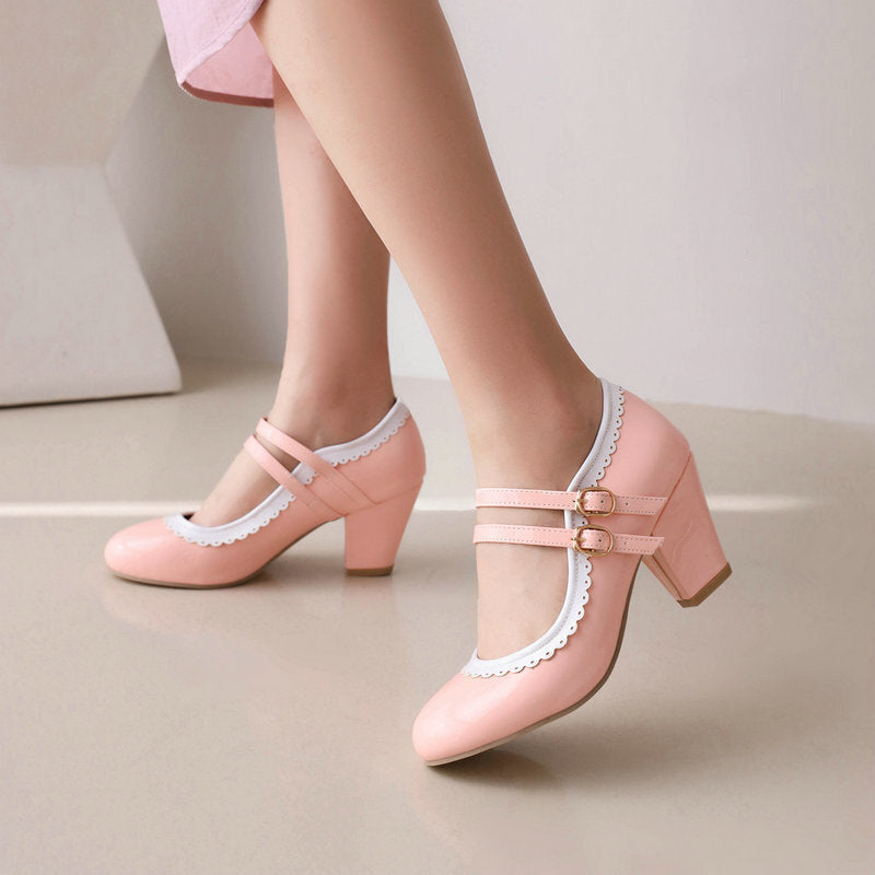 Women's Patent Leather Chunky Heel Mules – Candy Color Round Toe Buckle High Heels