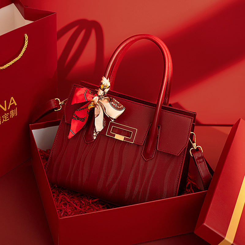 Red Embroidered Tote Bag - High Capacity PU Leather Shoulder Bag for Women