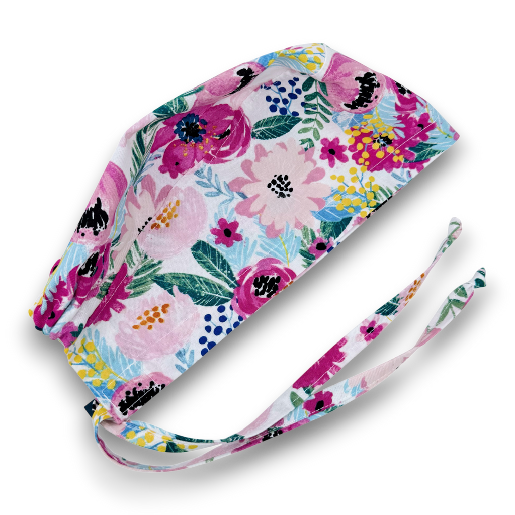Floral Skull tie-back style surgical scrub cap by Paradise Caps.
