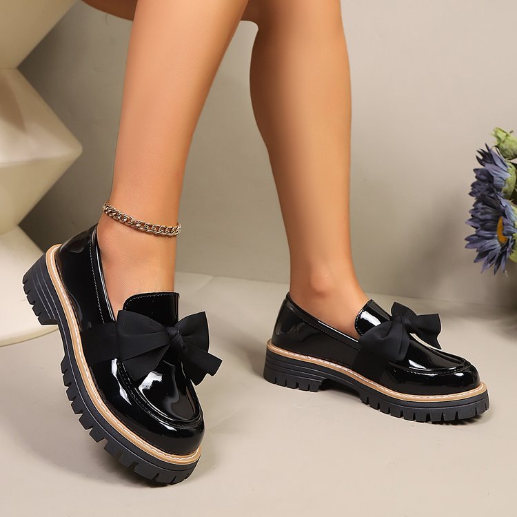 Women's Bow Tie Chunky Heel Pumps - Slip-On Round Toe Loafers