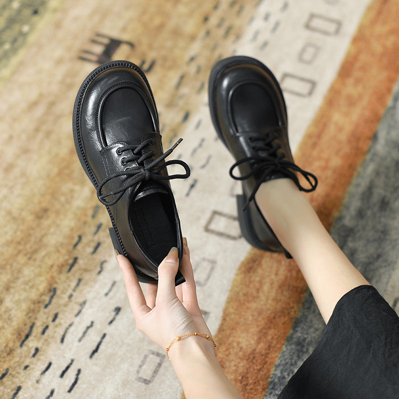 Women's British-Style Lace-Up Leather Loafers | Soft Sole Round Toe Everyday Shoes