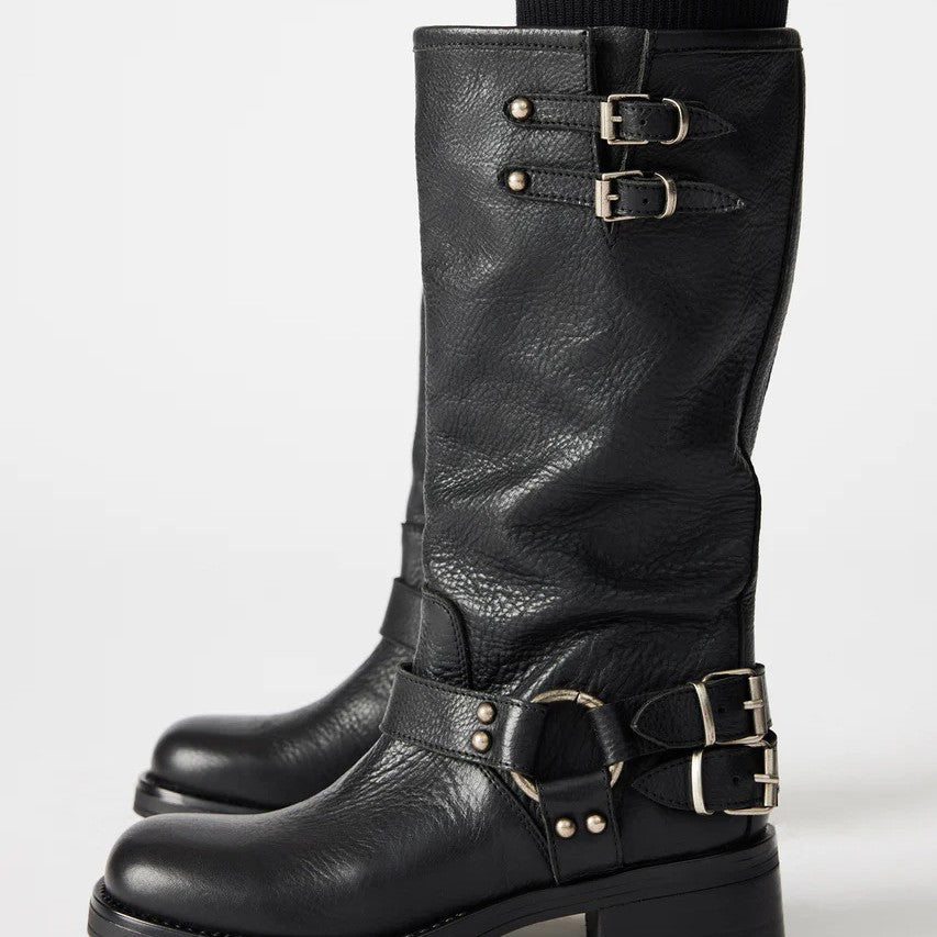 Women's Round Toe Buckle High-Top Boots – Chunky Heel Mid-Calf PU Leather Boots