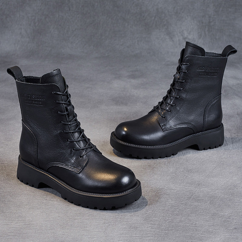 Women's Genuine Leather Chunky Heel Ankle Boots | Fleece-Lined Side Zipper | British Style