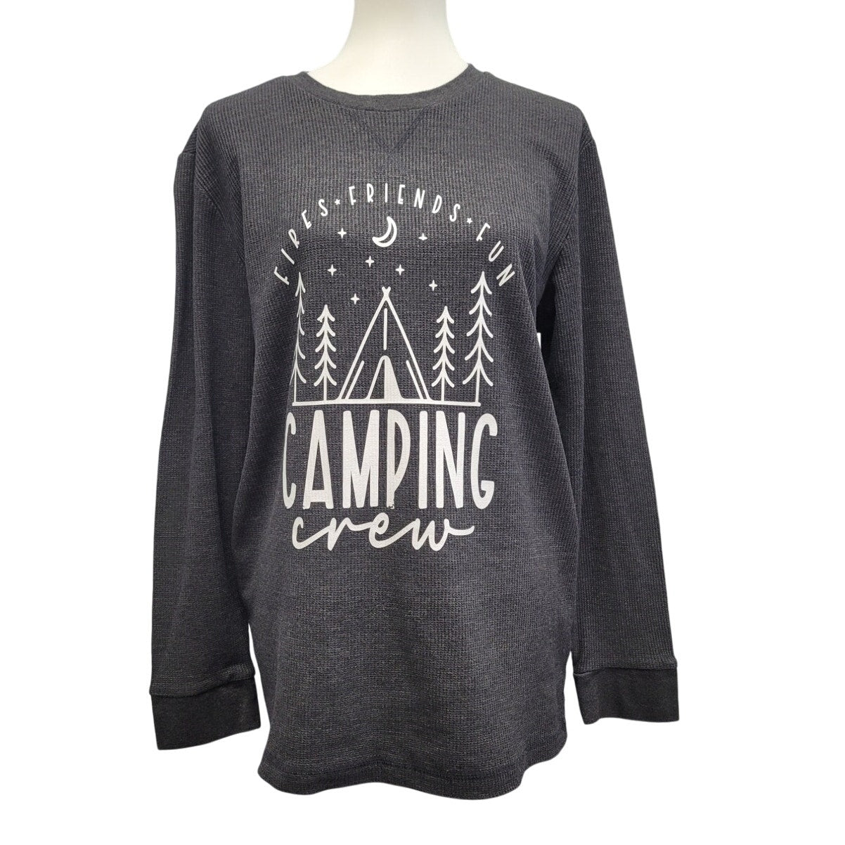 Hand Printed Upcycled Womens XL Fires Friends Camping Crew Long Sleeve Tee Shirt