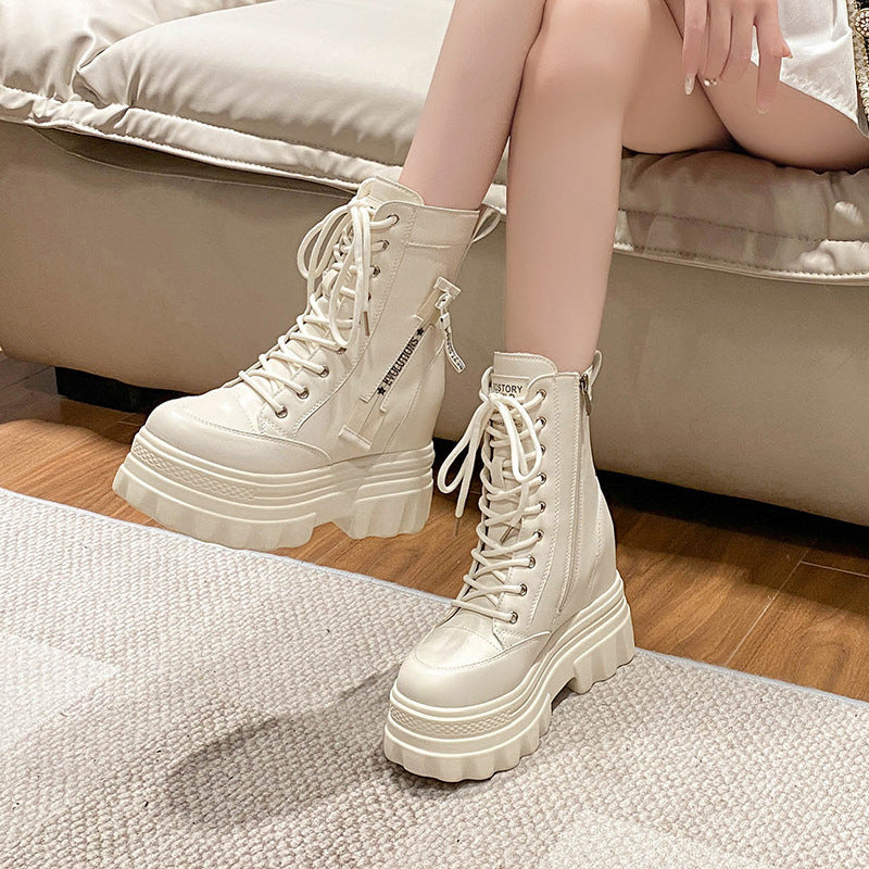 Women's High-Top Ankle Boots | Chunky Heel Side Zipper Lace-Up | Non-Slip Rubber Sole | Black & Beige