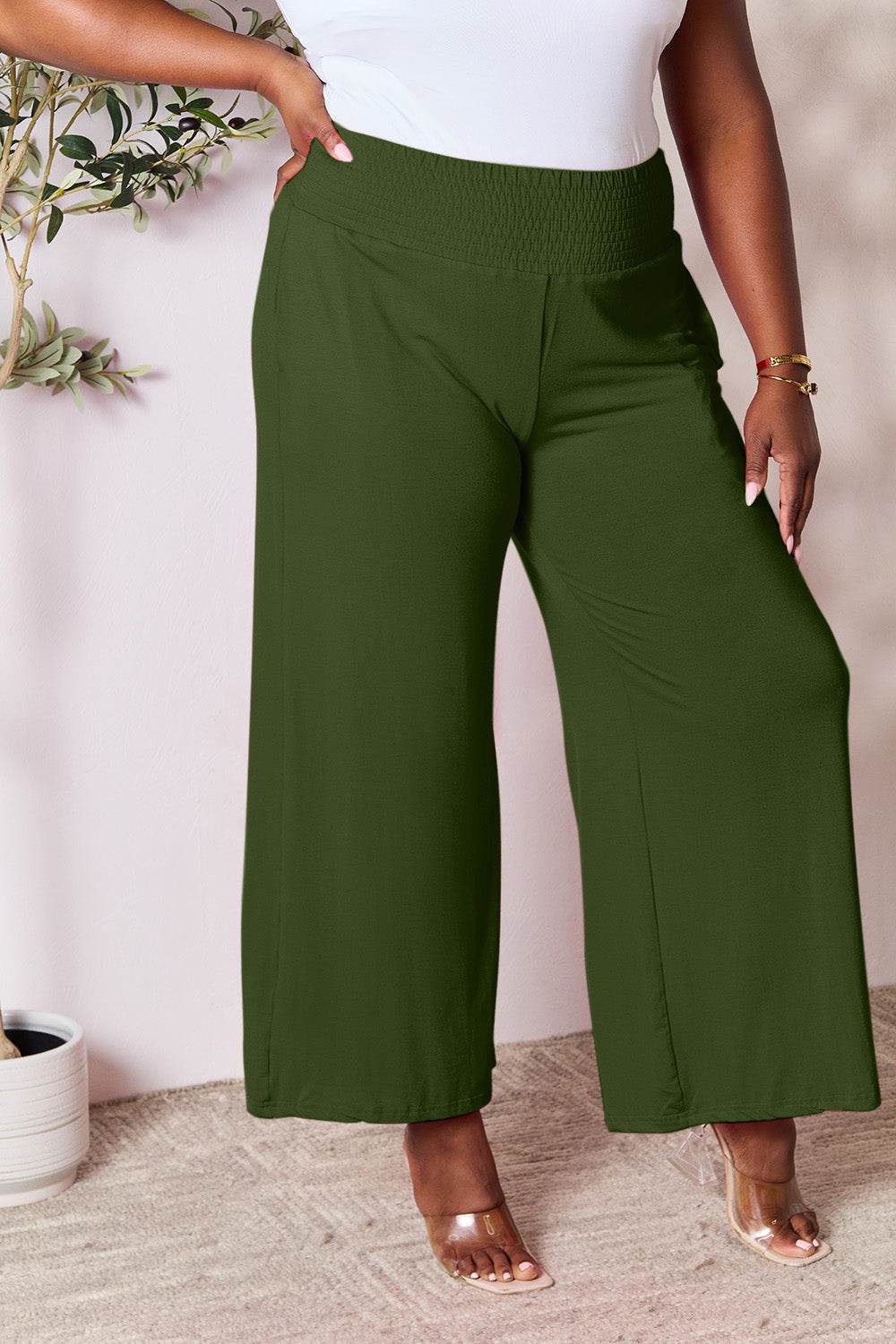 Basic Bae Full Size Smocked Wide Waistband Wide Leg Pants