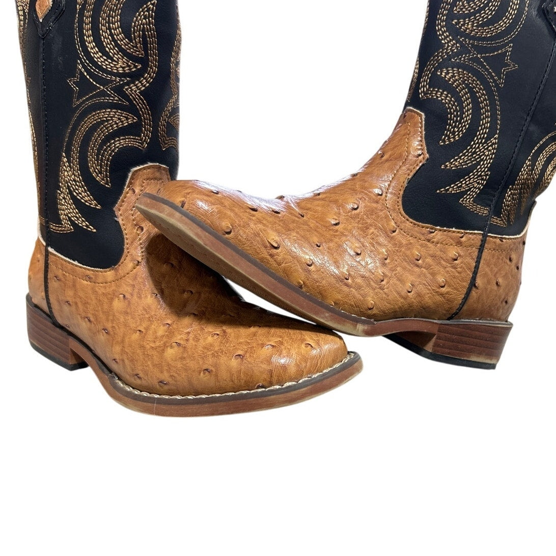 Rollda Boy Size 2 Black Tan Faux Leather Ostrich Square Toe Pull On Cowboy Boots
