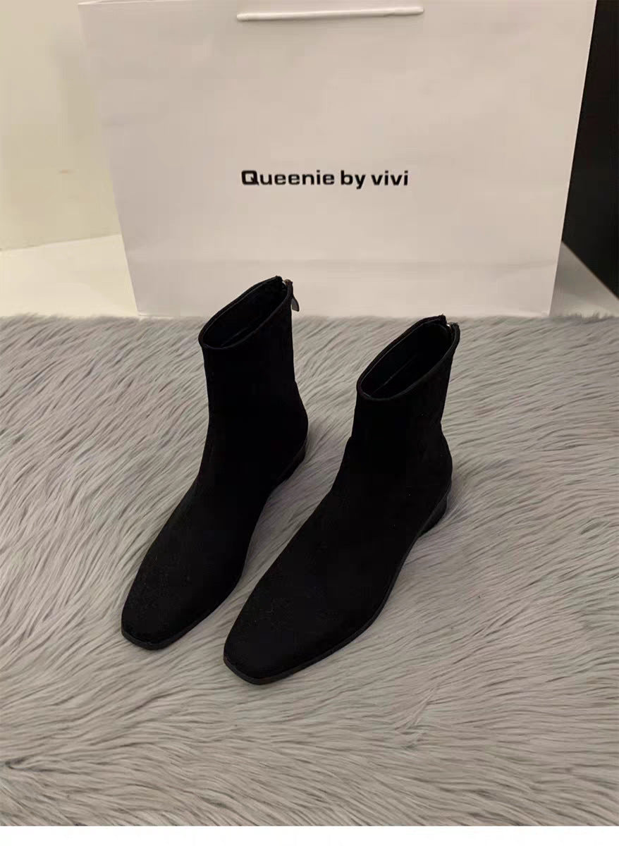 Women's Chunky Heel Suede Fleece-Lined Square Toe Ankle Boots – Back Zipper Winter Boots