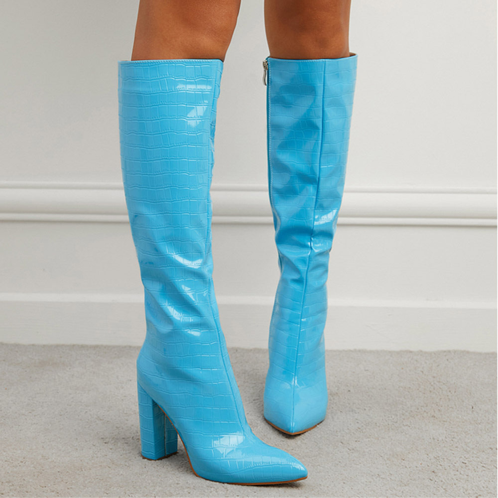 Women's Crocodile-Print Chunky High Heel Knight Boots – Side Zipper, Pointed Toe