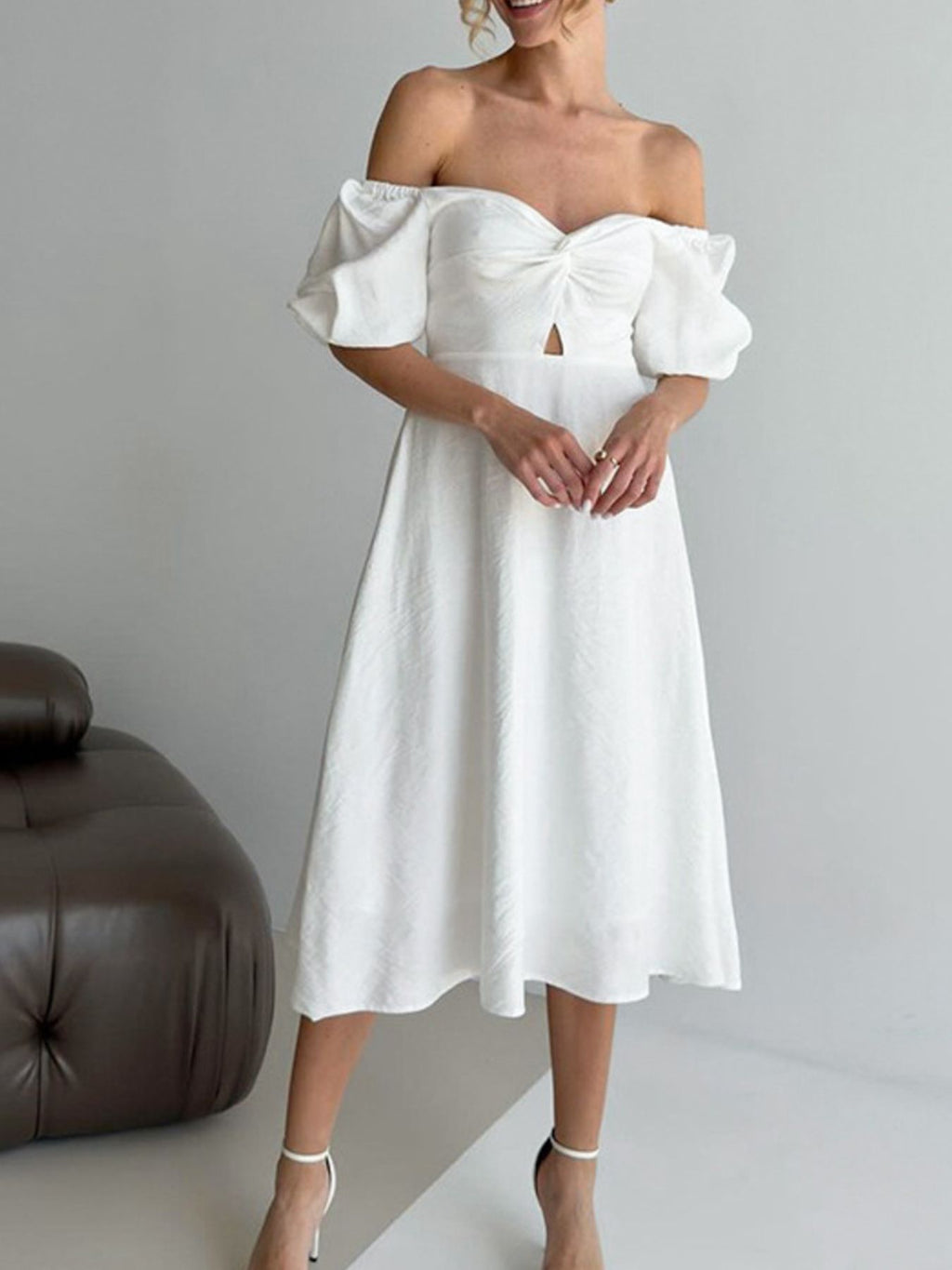 Twisted Front Puff Sleeve Midi Dress