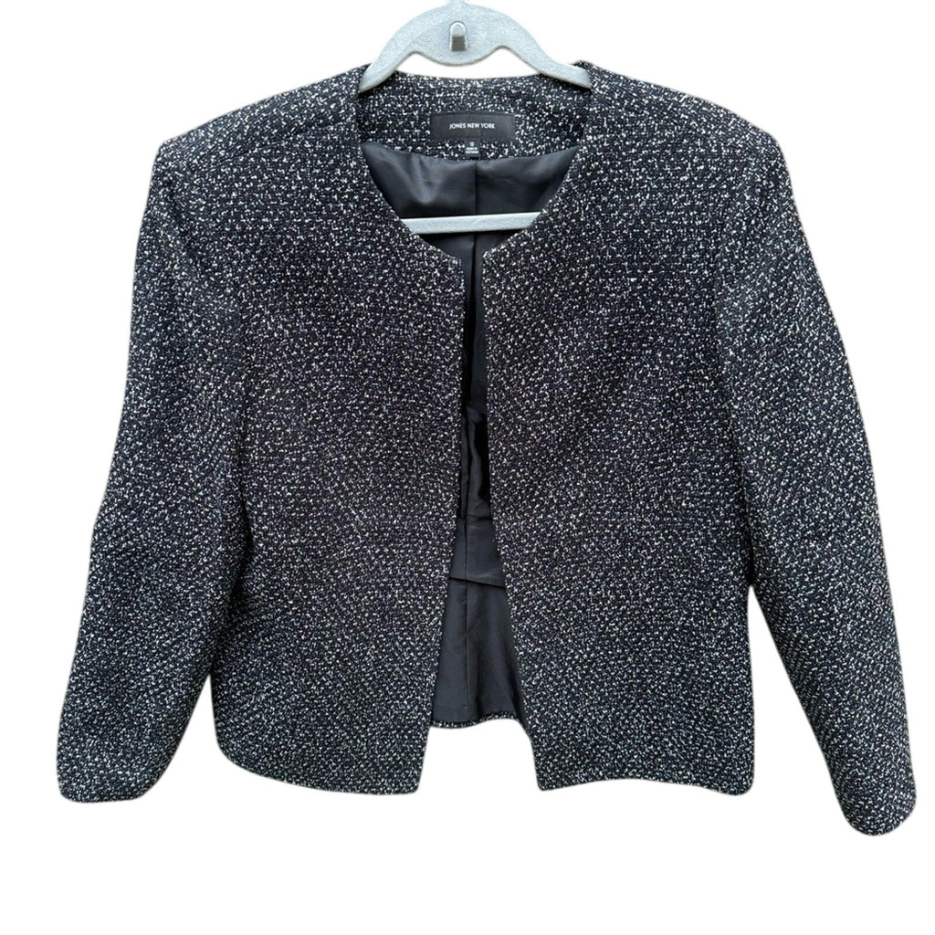 Jones New York Womens Size 12 Black White Career Open Front Jacket Blazer