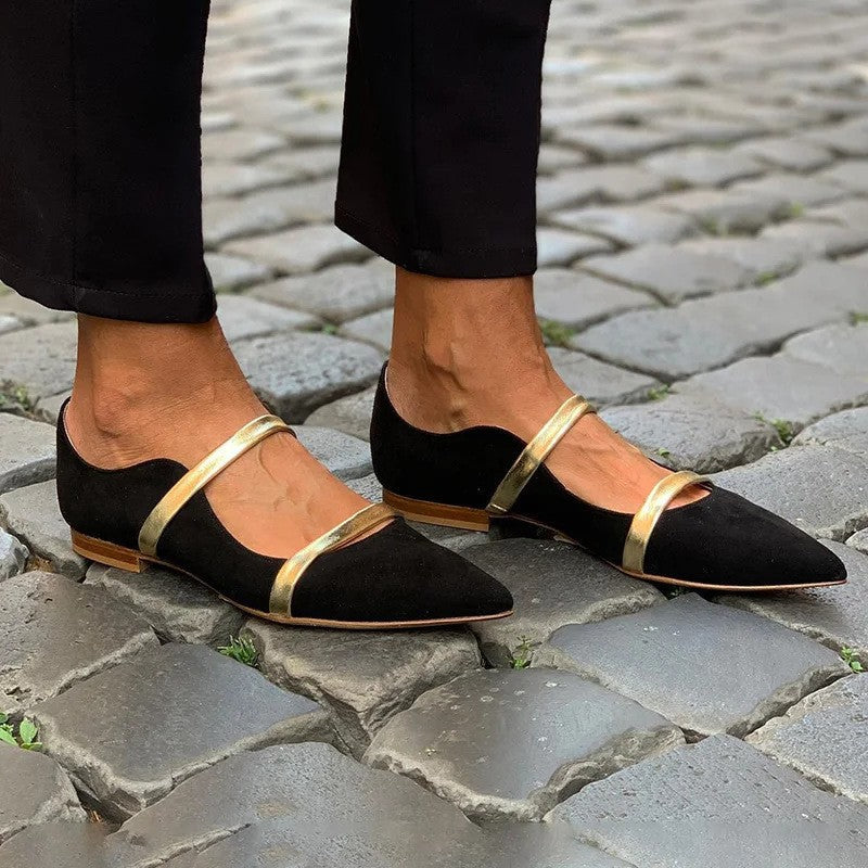 Women's Pointed-Toe Suede Dress Shoes with Rhinestone Straps | Low Chunky Heel