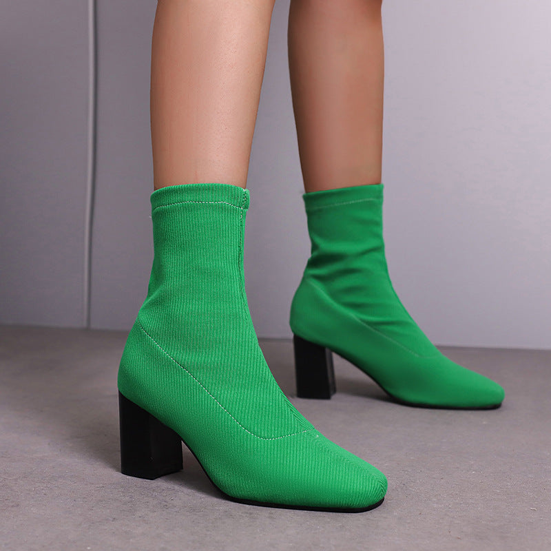 Women's Over-the-Knee Stretch Satin Boots | Chunky Heel Ankle Boots