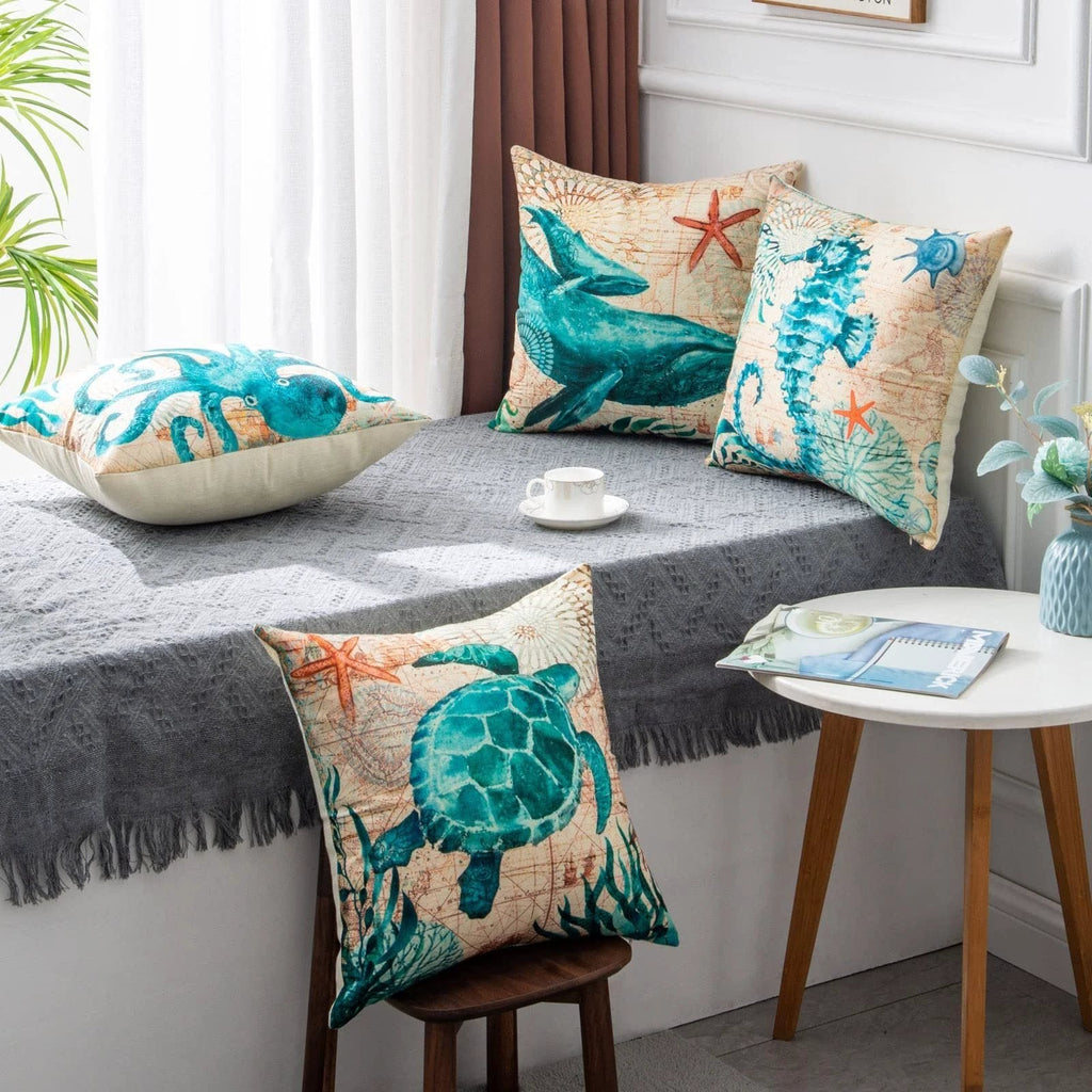 Mandotos Sea Turtle Printed Cushion Covers Linen Throw Pillow Cases For Home Decor Sofa Chair