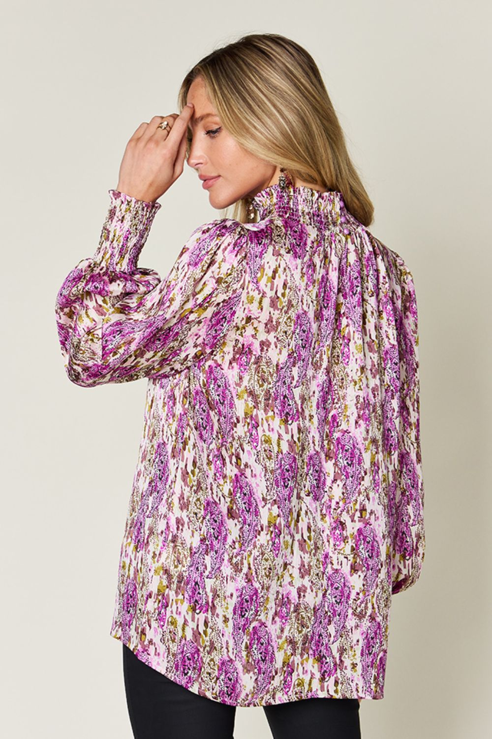 Semi-Sheer Smocked Top with Long Sleeves & Frills